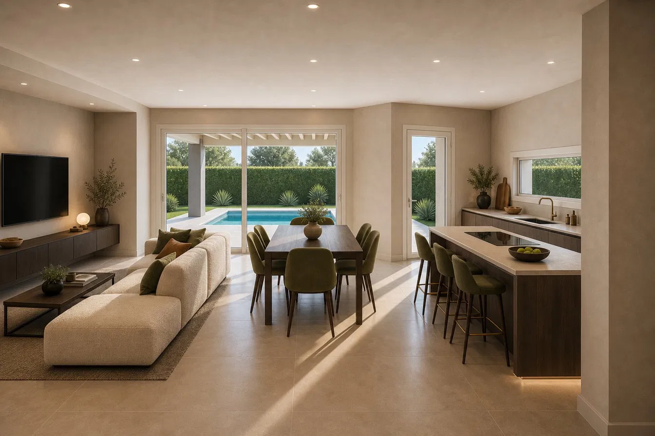 Soggiorno cucina con vetrata e piscina